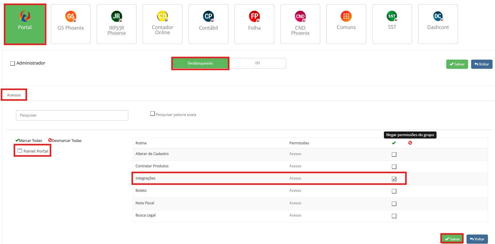 Configuração de acessos do sistema na aba 'Portal', com a permissão da rotina 'Integrações' selecionada e o botão 'Salvar' em destaque.