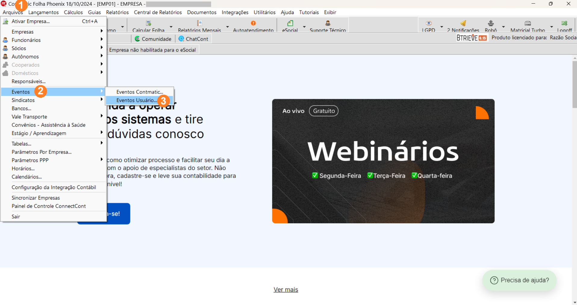Menu de sistema com as opções Arquivos, Eventos e Eventos Usuário selecionadas consecutivamente em uma interface de software Folha.