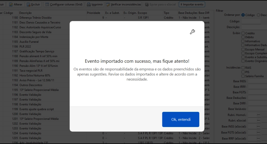 Mensagem de confirmação na tela informando que o evento foi importado com sucesso e orientando a revisão dos dados.