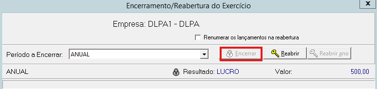 Tela de Encerramento/Reabertura do Exercício com destaque no botão 'Encerrar' para o período anual com resultado de lucro.