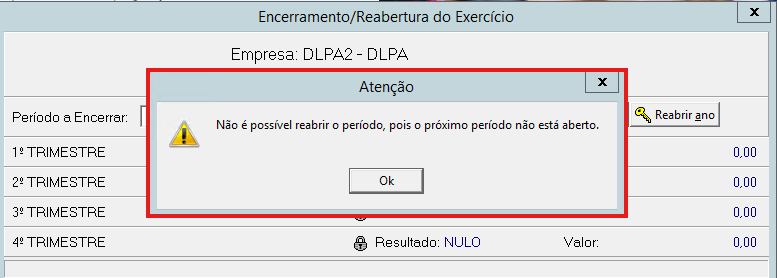 Mensagem de erro exibida ao tentar reabrir período fora da ordem
