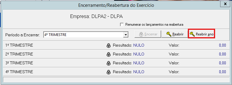 Botão Reabrir Ano destacado na tela de encerramento.
