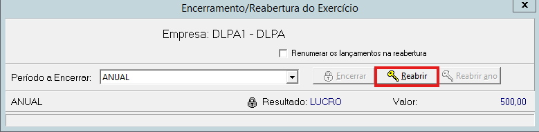 Tela de encerramento anual com o botão Reabrir destacado