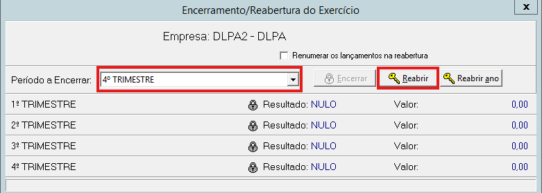 Tela de encerramento trimestral exibindo os períodos