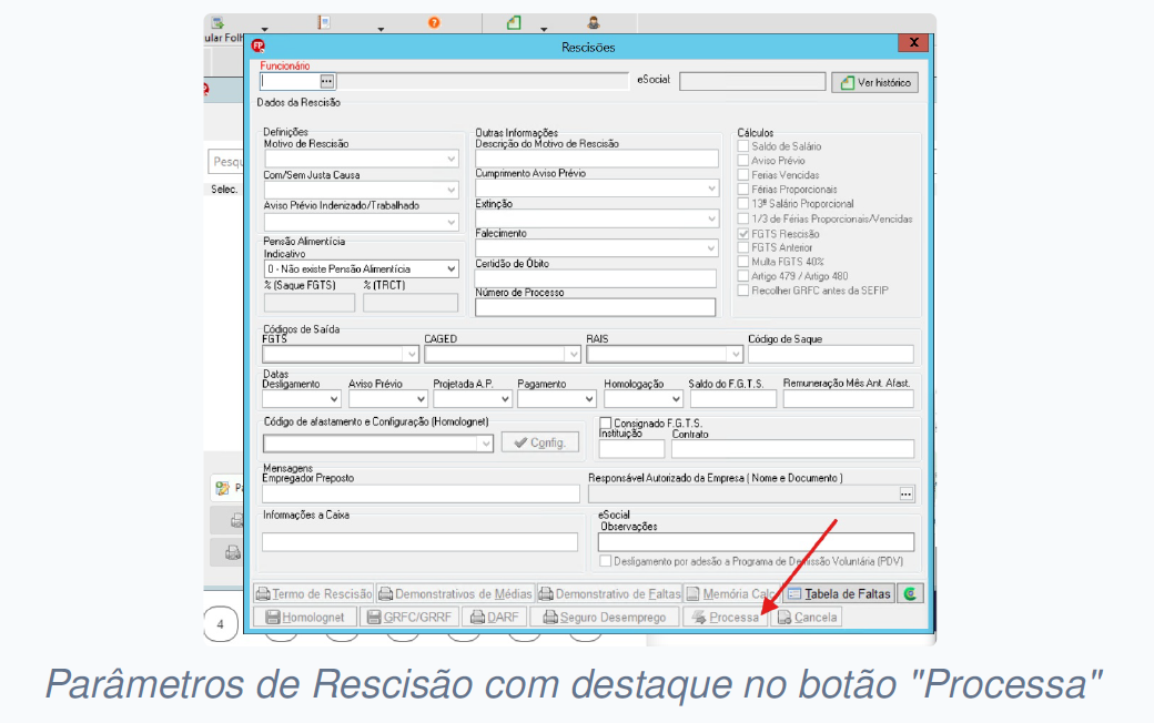 Tela de Cálculo de Rescisão