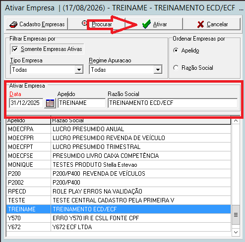 Ativar empresa no ano-calendario