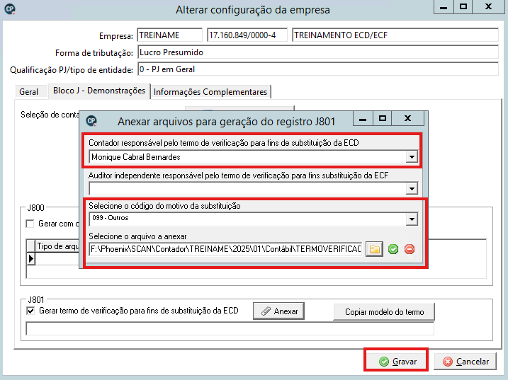 Informar responsaveis e gravar registro J801