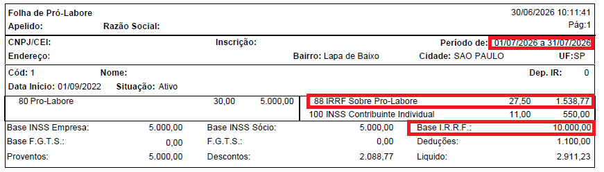 Recibo de pagamento de pró-labore com evento 88 de IRRF calculado na competência 07/2026.