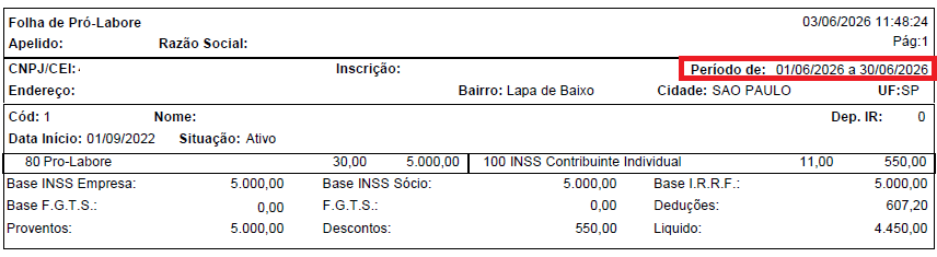 Recibo de pagamento de pró-labore sem cálculo de IRRF na competência 06/2026.