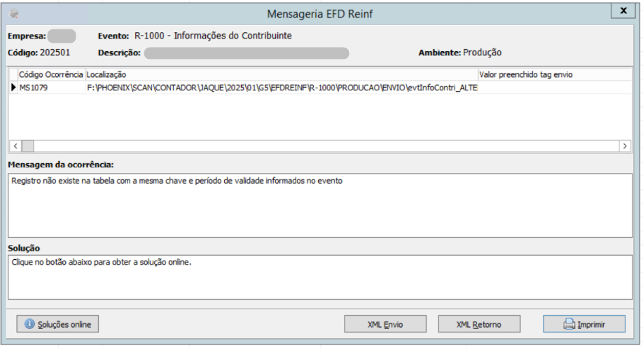 Mensagem de erro MS1079 no R-1000