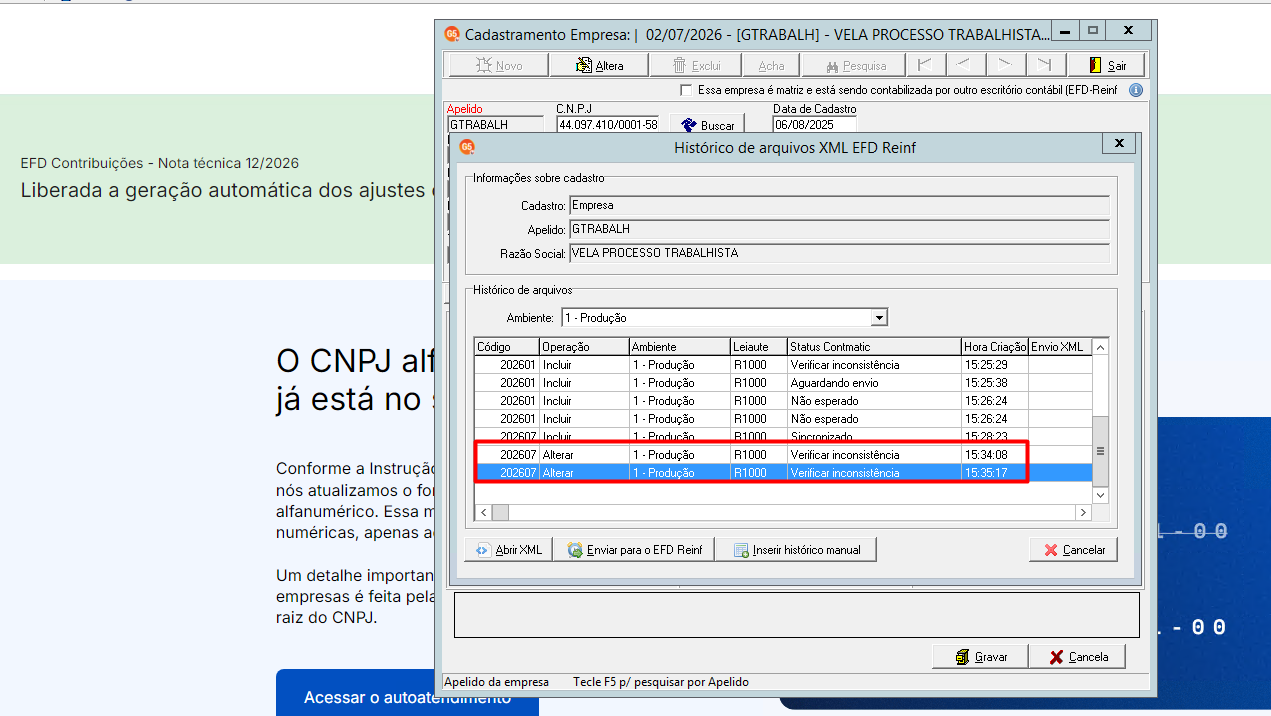 Histórico de XML EFD Reinf no sistema G5, com destaque em vermelho para o status Verificar inconsistência em operações de alteração.