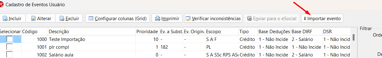Botão Importar evento