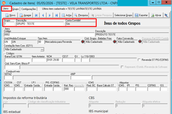 Vinculação de grupo na aba Itens
