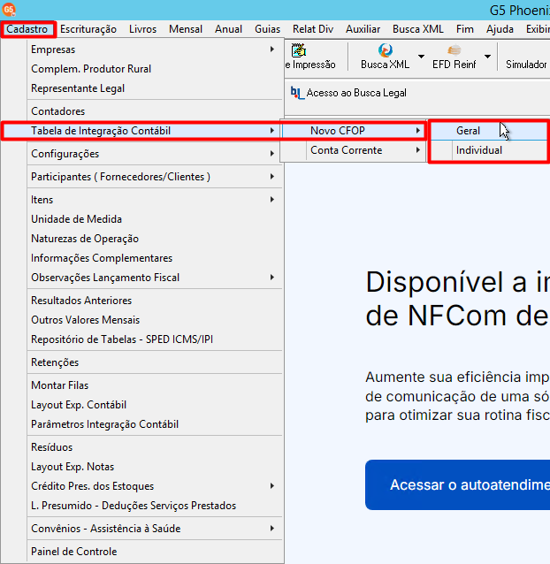 Menu Tabela de Integração Contábil