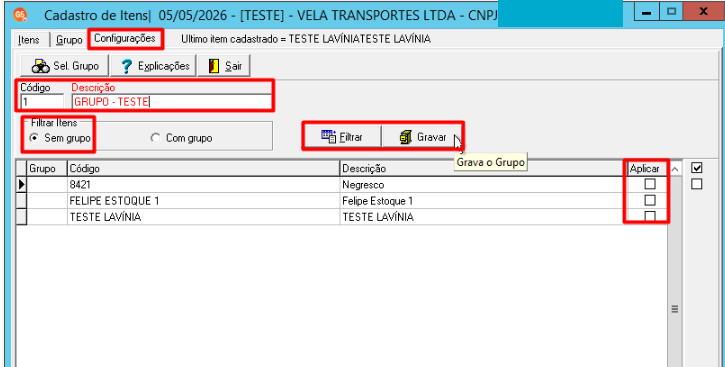 Preenchimento automático de grupo na aba Configurações