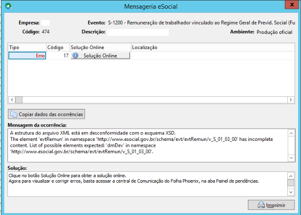 Tela da Mensageria eSocial exibindo o Erro 17 no evento S-1200 por desconformidade no XML, indicando ausência do elemento 'dmDev'.