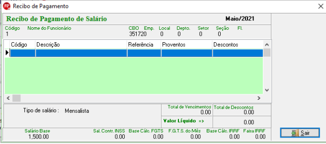 Tela de Recibo de Pagamento de Salário do Folha, de maio/2021, mostrando proventos e descontos zerados para funcionário mensalista.