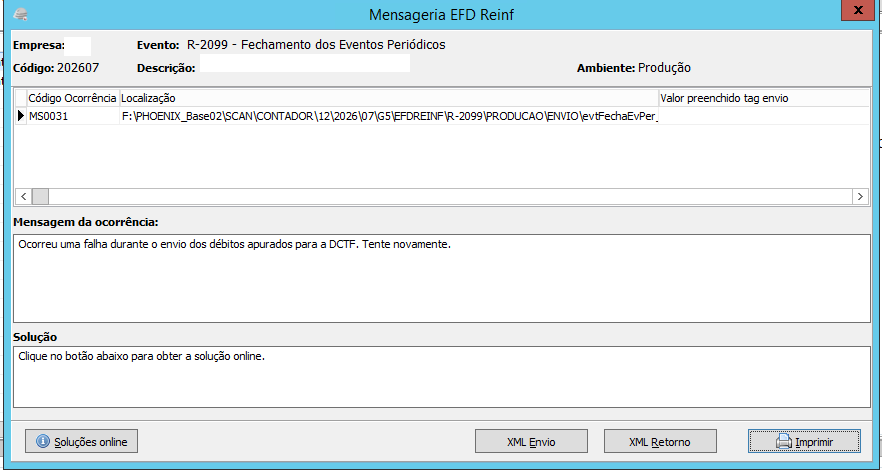 Tela de mensagem de ocorrência MS0031 no Gerador EFD-Reinf