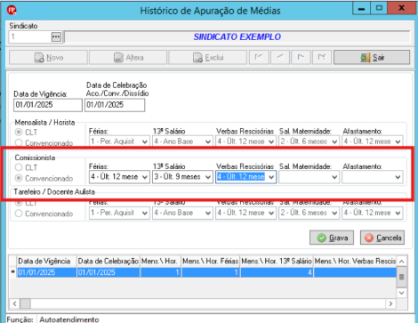 Tela de Histórico de Apuração de Médias com destaque para as configurações dos parâmetros da categoria Comissionista.