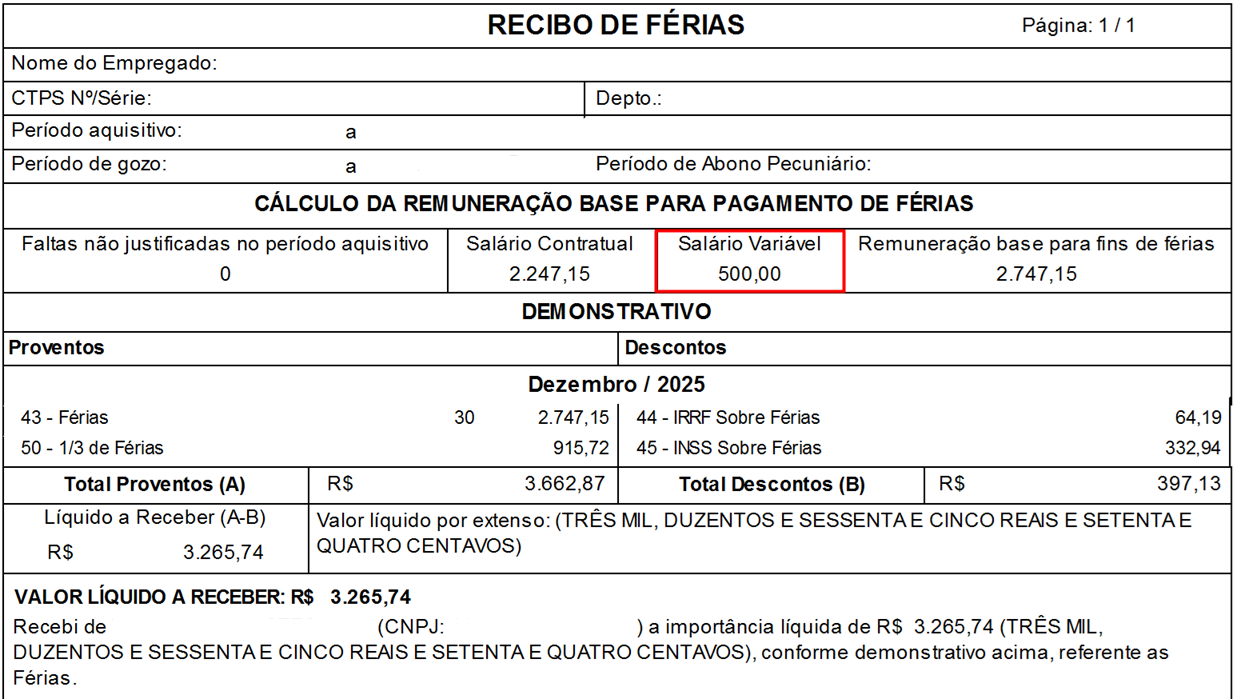 Imagem de um recibo de férias. Destaque no campo 'Salário variável' com o valor 500,00, demonstrando o resultado do lançamento manual da média.