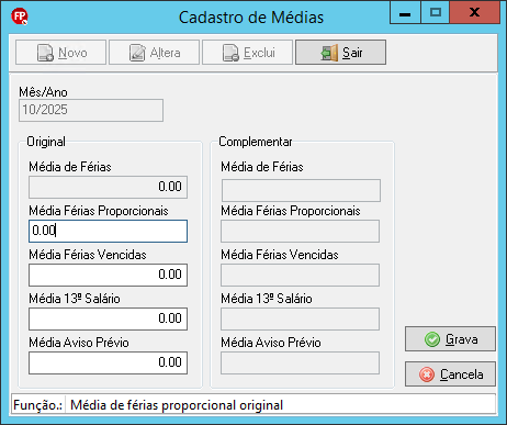 Tela 'Cadastro de médias'. Destaque no campo 'Média férias proporcionais' (original) para inserção de valor manual.