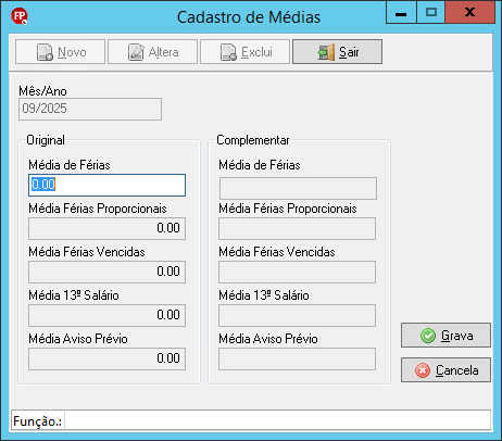 Tela 'Cadastro de médias'. Destaque no campo 'Média de férias' (original), onde o valor manual deve ser inserido.