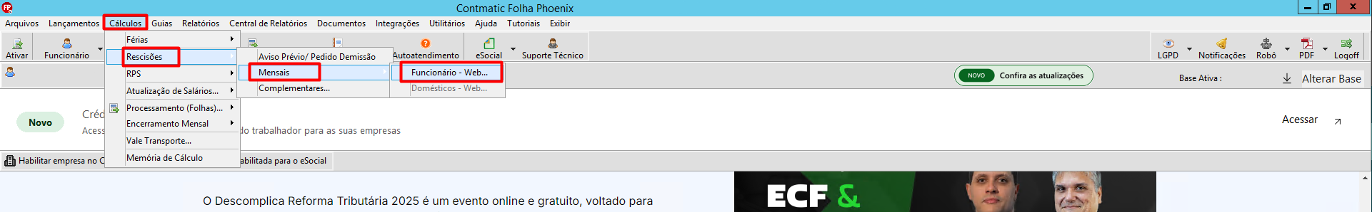 Tela principal do Folha. Destaque no caminho de menu 'Cálculos', 'Rescisões', 'Funcionário - Web'.