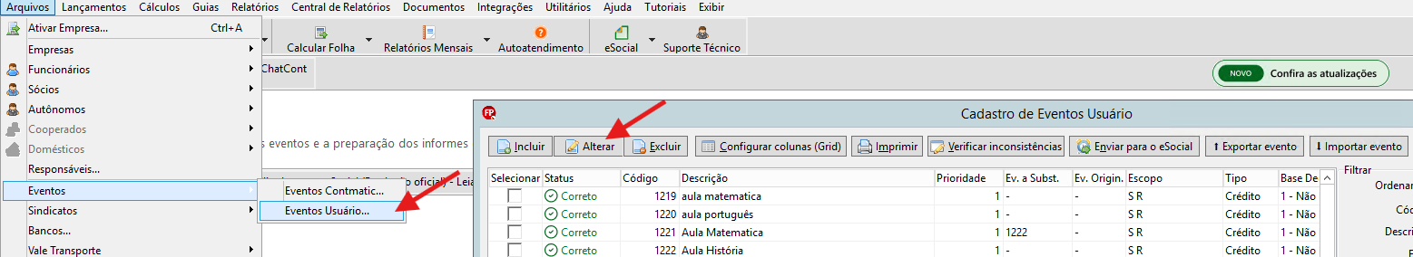 Tela de Eventos Usuário com o botão Alterar selecionado