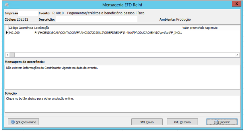 Mensagem de erro MS1009
