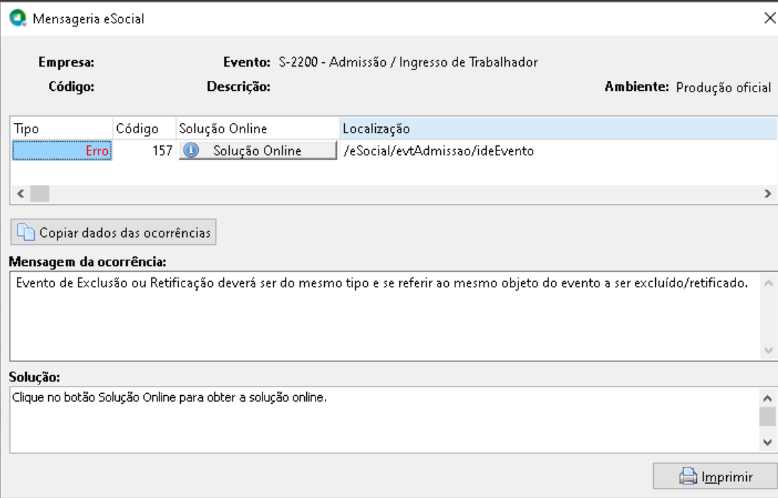Tela da Mensageria eSocial exibindo erro 157 no evento S-2200, com a mensagem de divergência entre o tipo e objeto do evento a ser retificado.