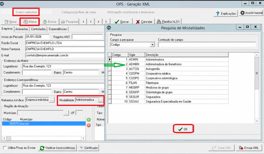 Configuração da modalidade na tela de Empresas OPS - Geração XML