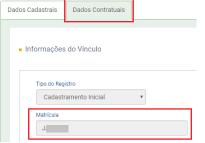 Captura de tela destacando a aba "Dados Contratuais" e o campo "Matrícula" preenchido na seção de Informações do vínculo.