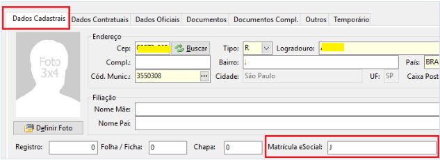 Campo Matricula eSocial no cadastro de funcionário.