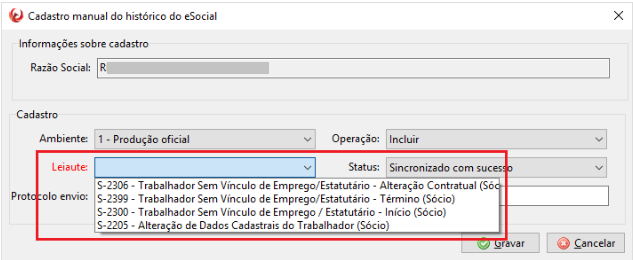 Janela de cadastro manual do eSocial destacando a lista de seleção de leiaute com opções para trabalhador sem vínculo e sócio.