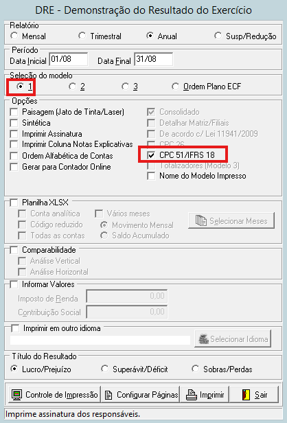 Tela de parâmetros de impressão da DRE Modelo 1 com opção CPC 51/IFRS 18 selecionada