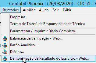Menu Relatórios - Demonstração de Resultado do Exercício