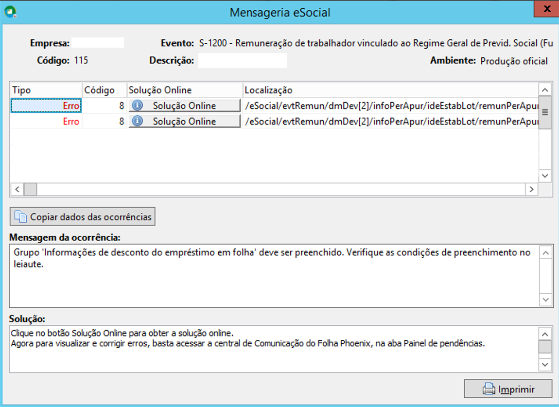 Mensagem de ocorrência no envio do evento S-1200