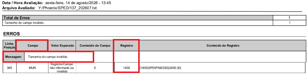 Erro Registro 1400 Tamanho do campo invalido na EFD ICMS IPI