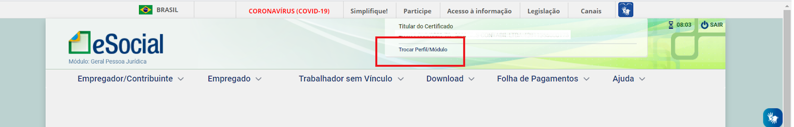 Captura de tela do eSocial destacando a opção "Trocar Perfil/Módulo" no menu superior.