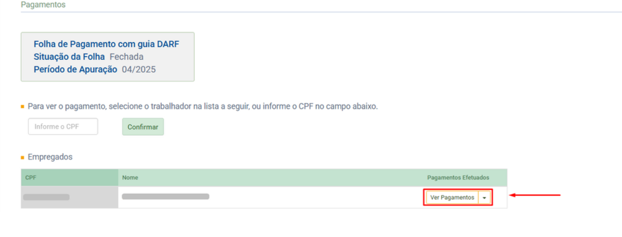 Lista de empregados na folha de pagamento do eSocial com destaque no botão "Ver Pagamentos".