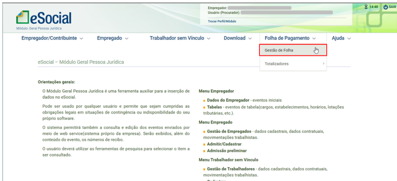 Tela inicial do eSocial indicando a seleção do menu "Folha de Pagamento" e subOpção "Gestão de Folha".