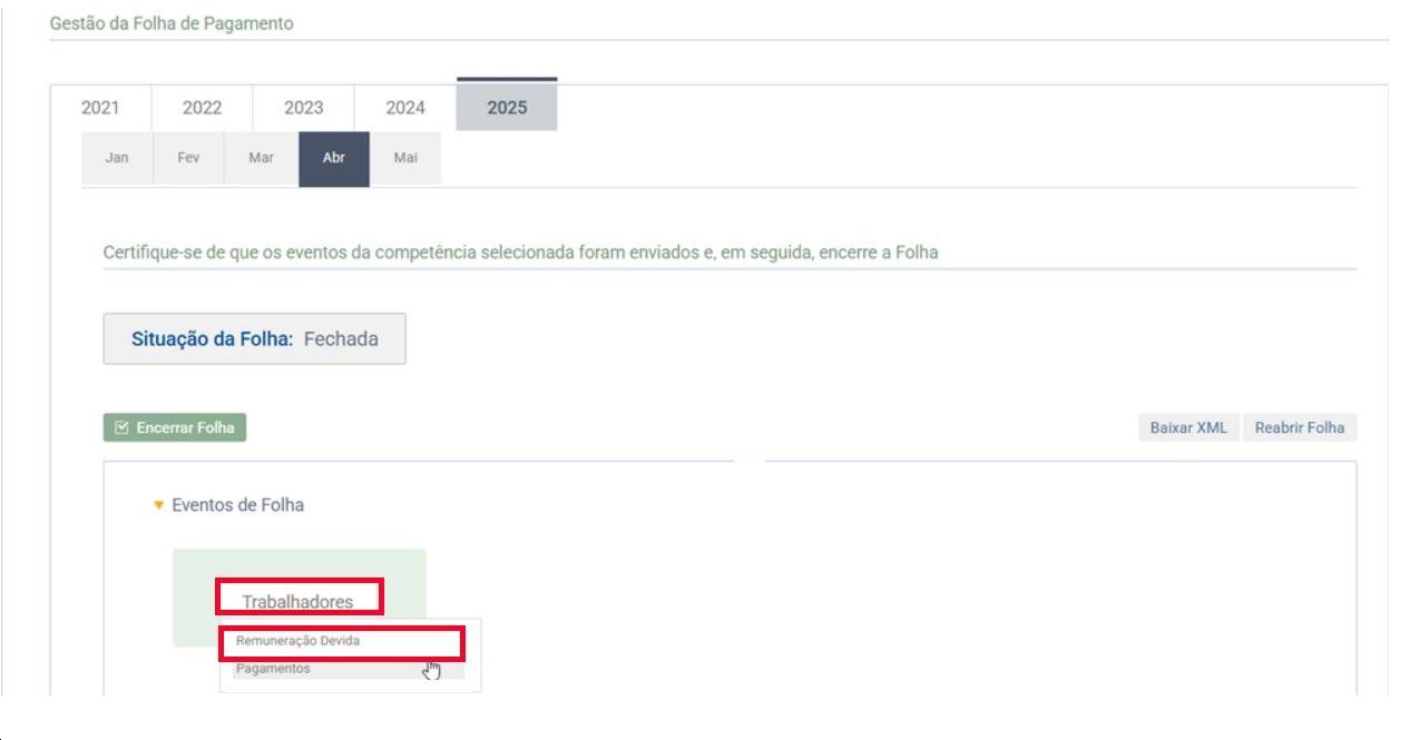 Tela do eSocial com destaque para o menu suspenso em "Trabalhadores", selecionando "Remuneração Devida".