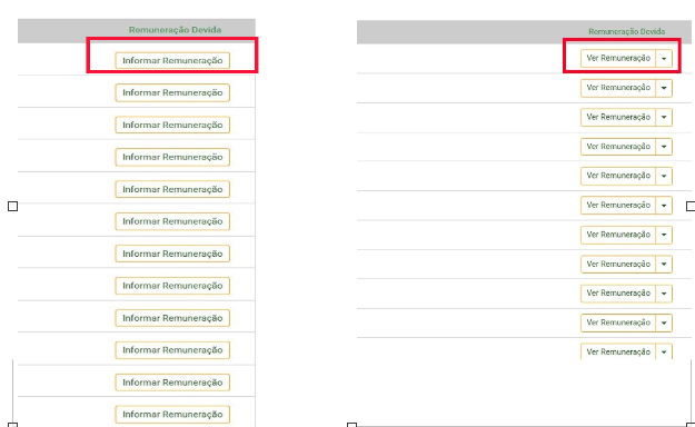 Tabela de Remuneração Devida comparando os botões "Informar Remuneração" e "Ver Remuneração".