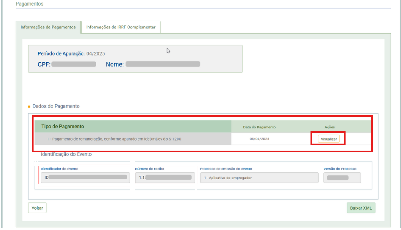 Detalhes dos Dados do Pagamento no eSocial com destaque no botão "Visualizar" referente ao evento S-1200.