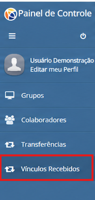 Menu Vínculos Recebidos no Painel de Controle
