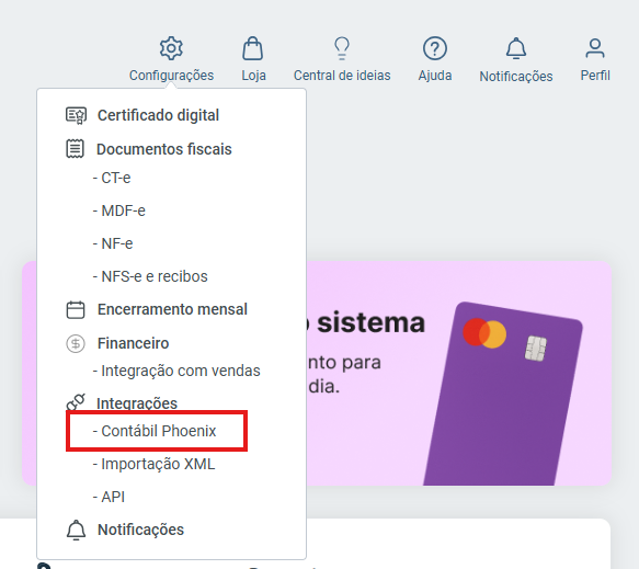 Menu Configurações Integrações Contábil Phoenix no Simplifique