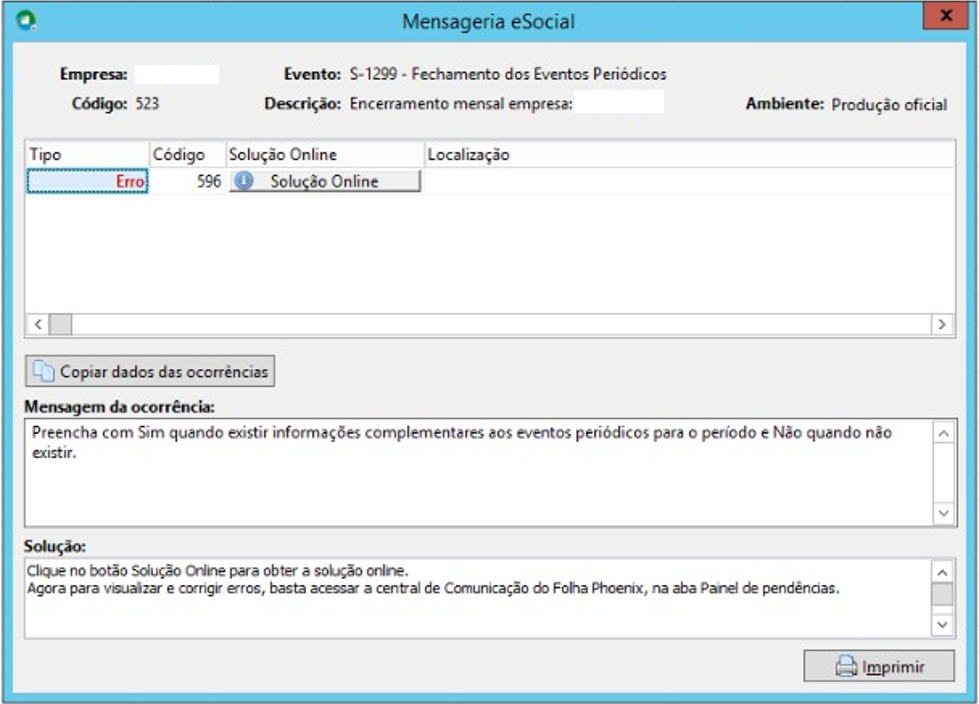 Mensagem de Erro 596 no eSocial
