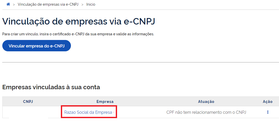 Seleção da empresa na lista de empresas vinculadas
