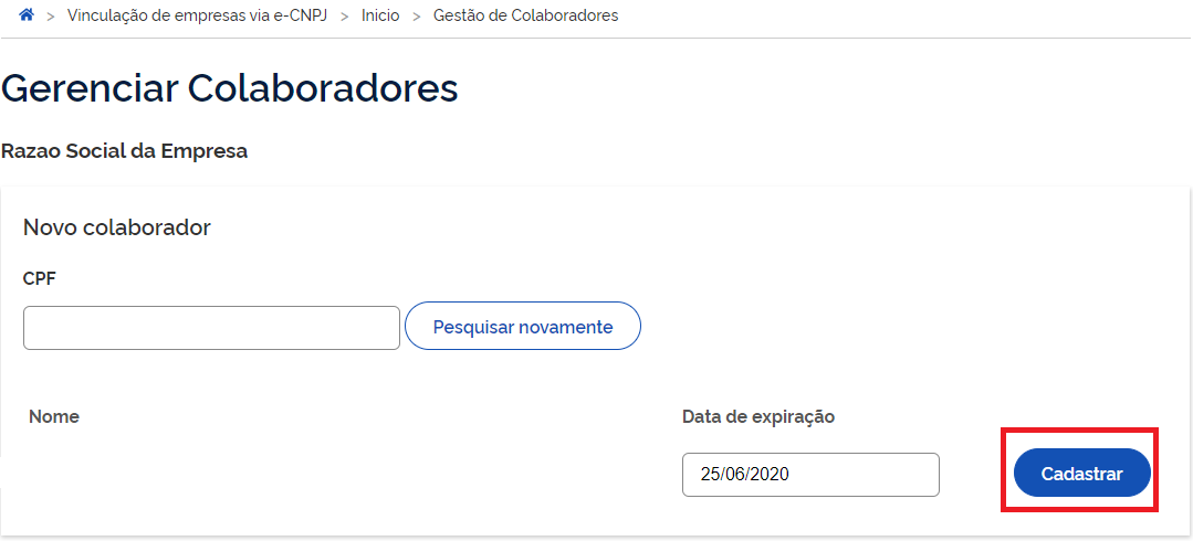 Definição da data de expiração e botão Cadastrar