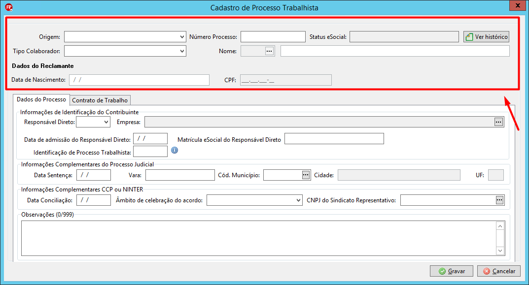 Tela de cadastro de processos trabalhistas